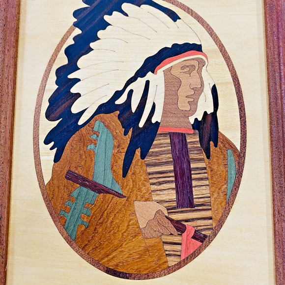 Wood Art Hudson River Inlay Wooden Marquetry Framed Indian Chief Signed Nelson - Picture 2 of 7